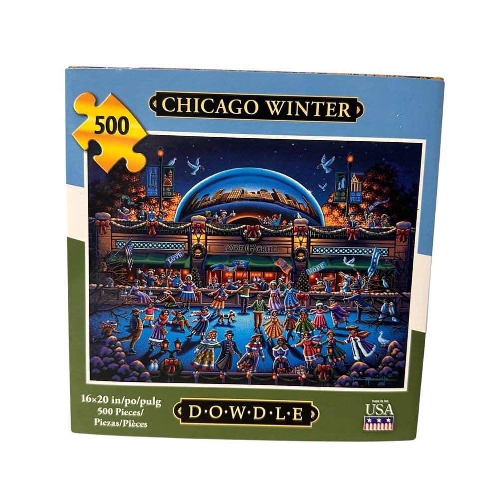 Dowdle Puzzle Chicago Winter Folk Art 500 Piece 16" x 20" Ice Skating New